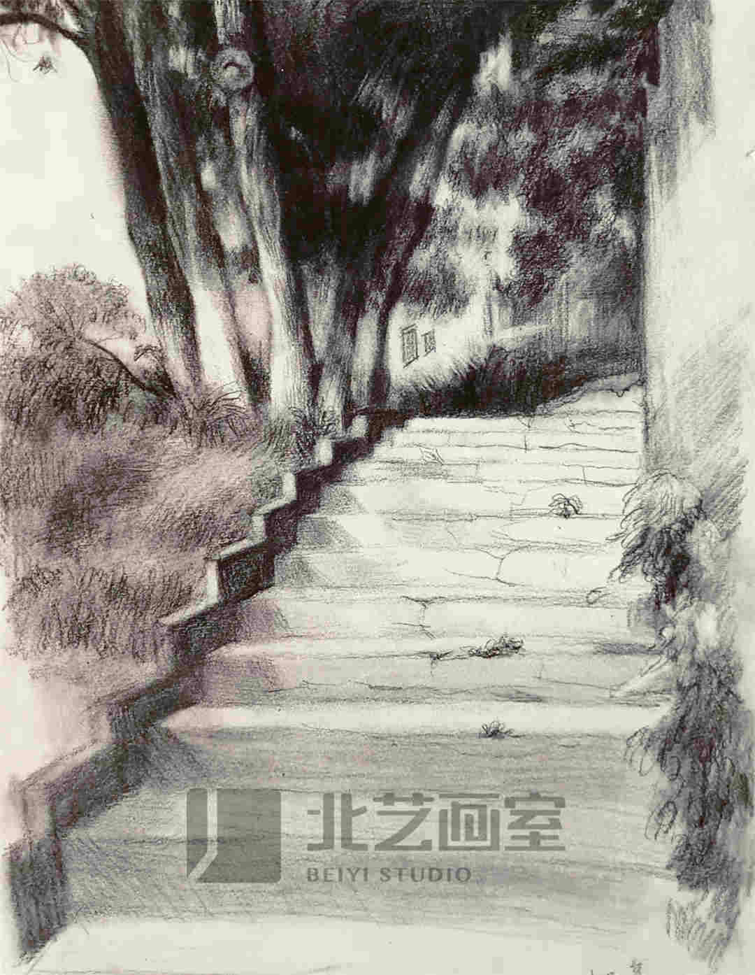 速写风景作品赏析——台阶、树木、房子