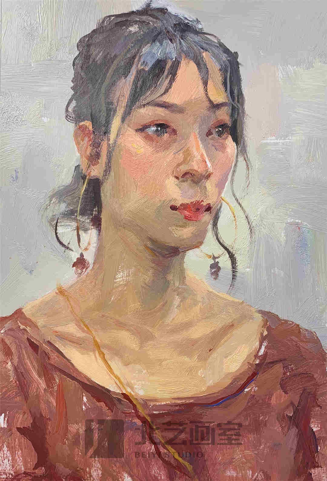 戴耳环着圆领红衣服女青年素描头像作品