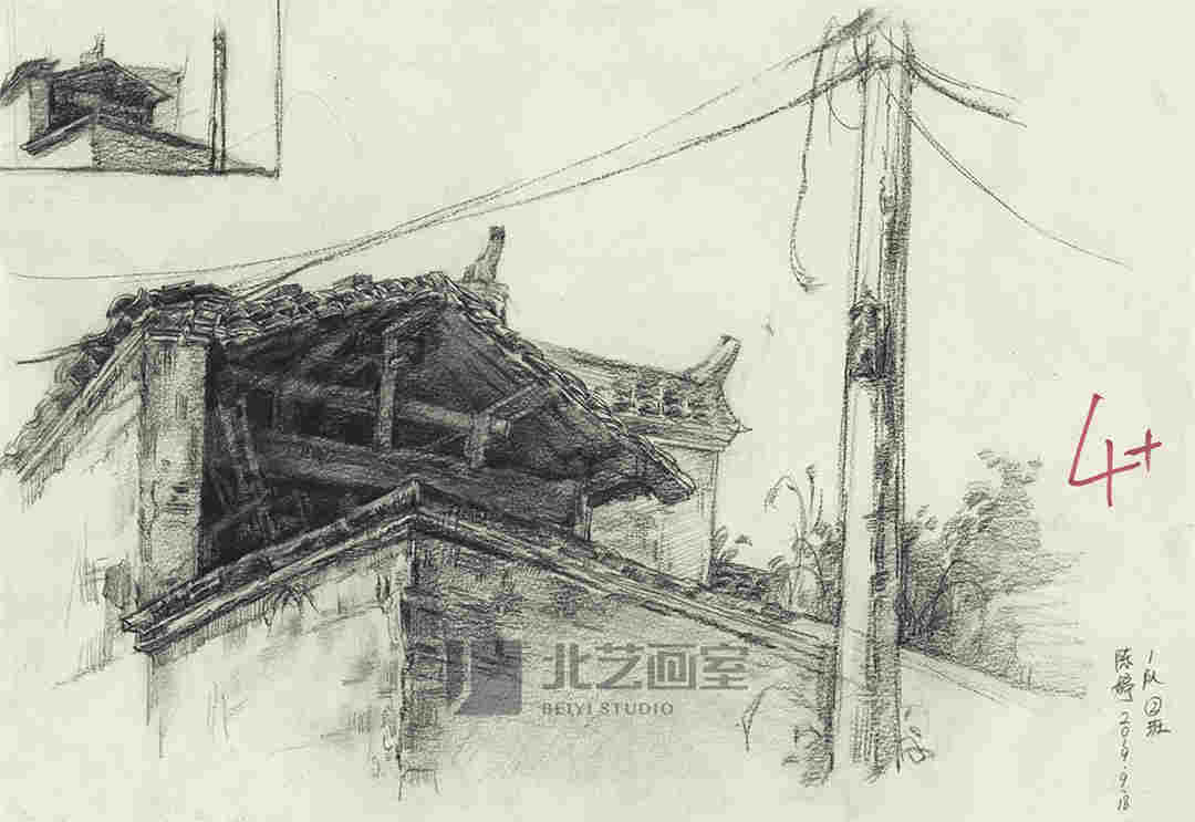 速写风景作品赏析——电线杆、屋子、围墙