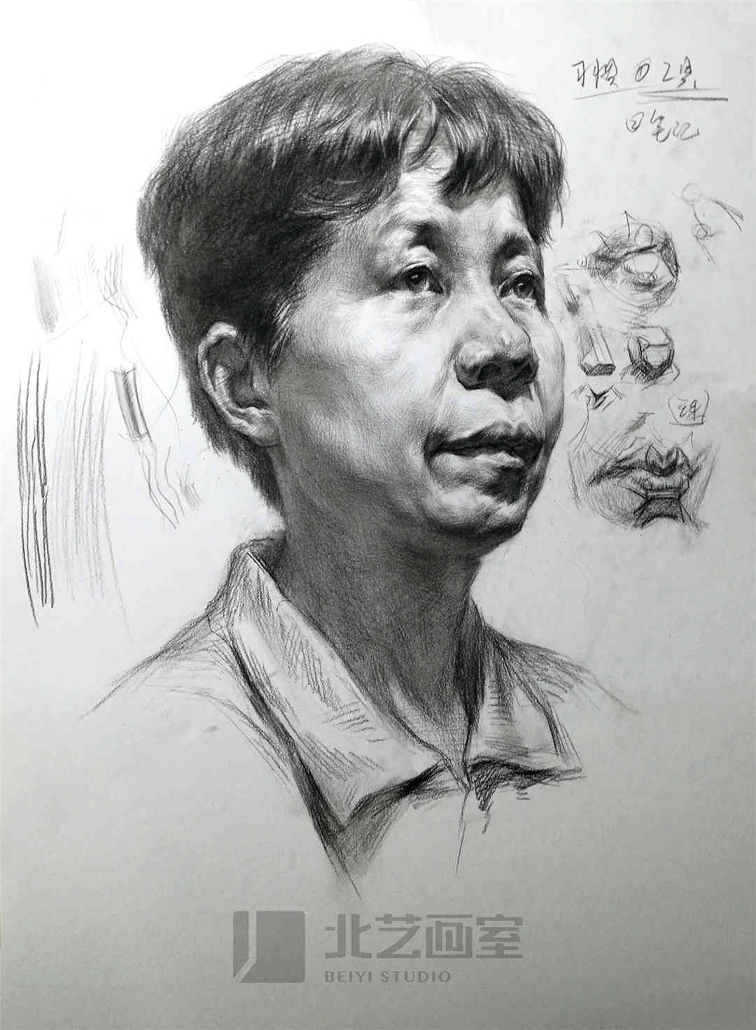 四分之三侧面男中年素描头像作品