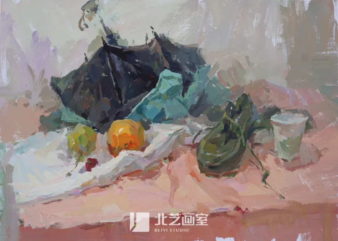 色彩静物作品赏析——雨伞、水果