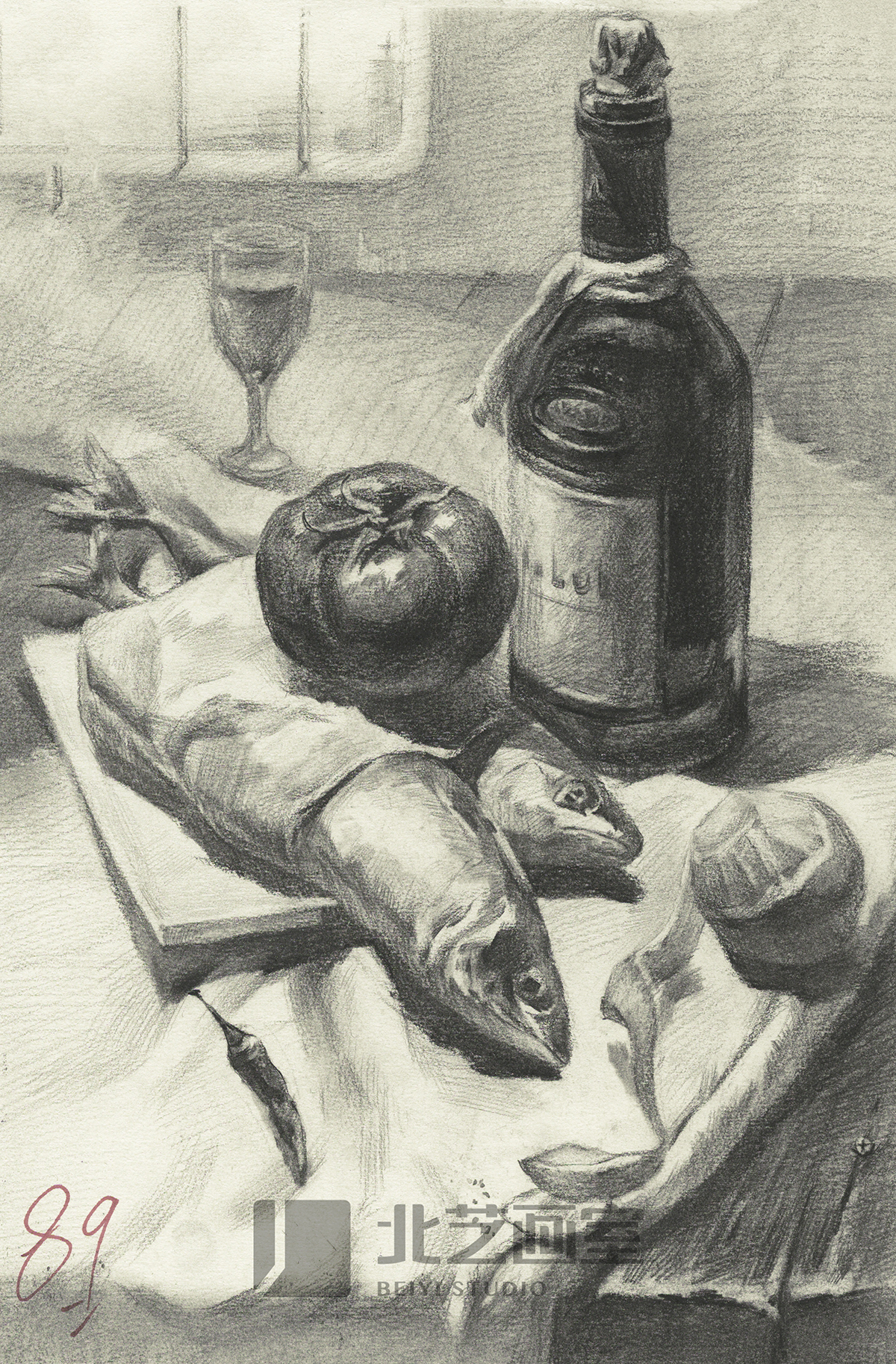 素描静物组合作品——鱼、水果、红酒、酒杯