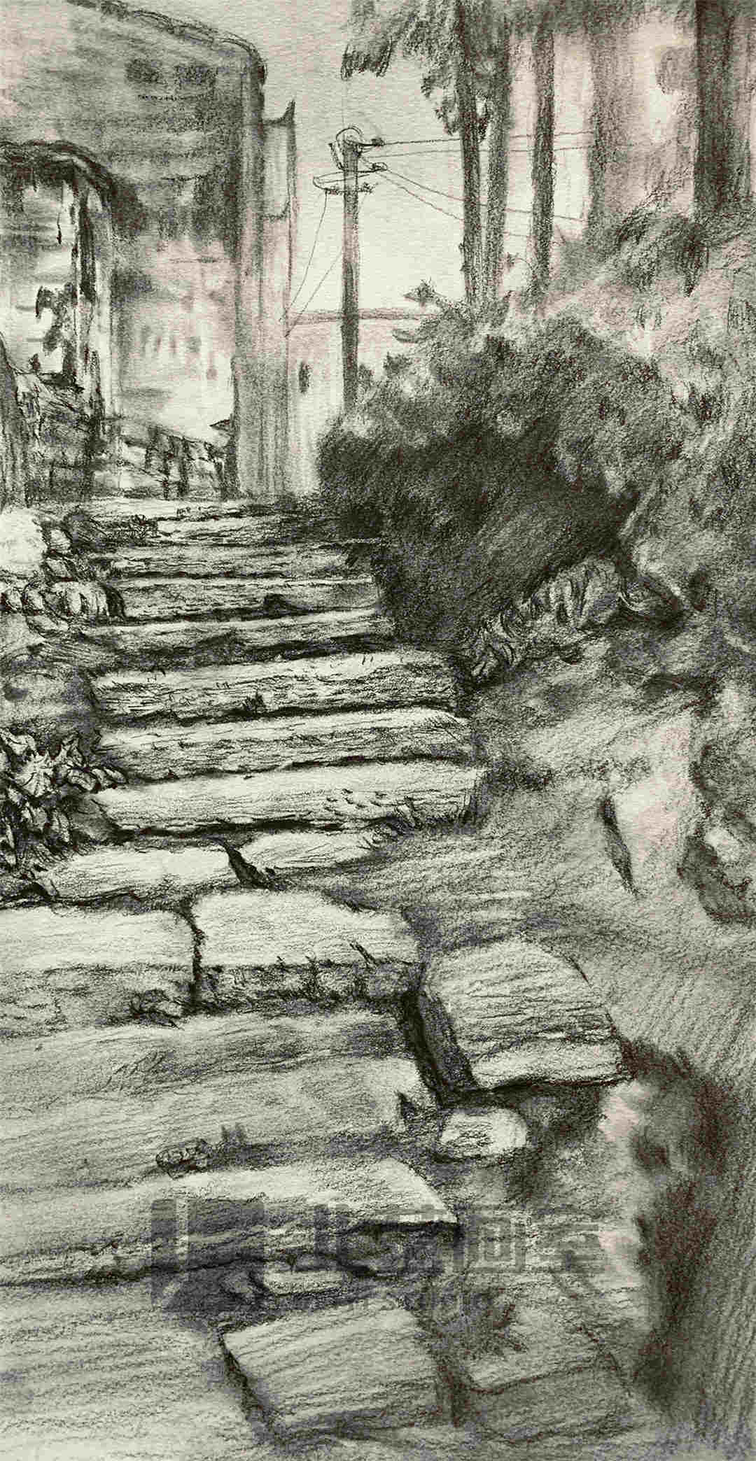 速写风景作品赏析——石板台阶、电线、房子