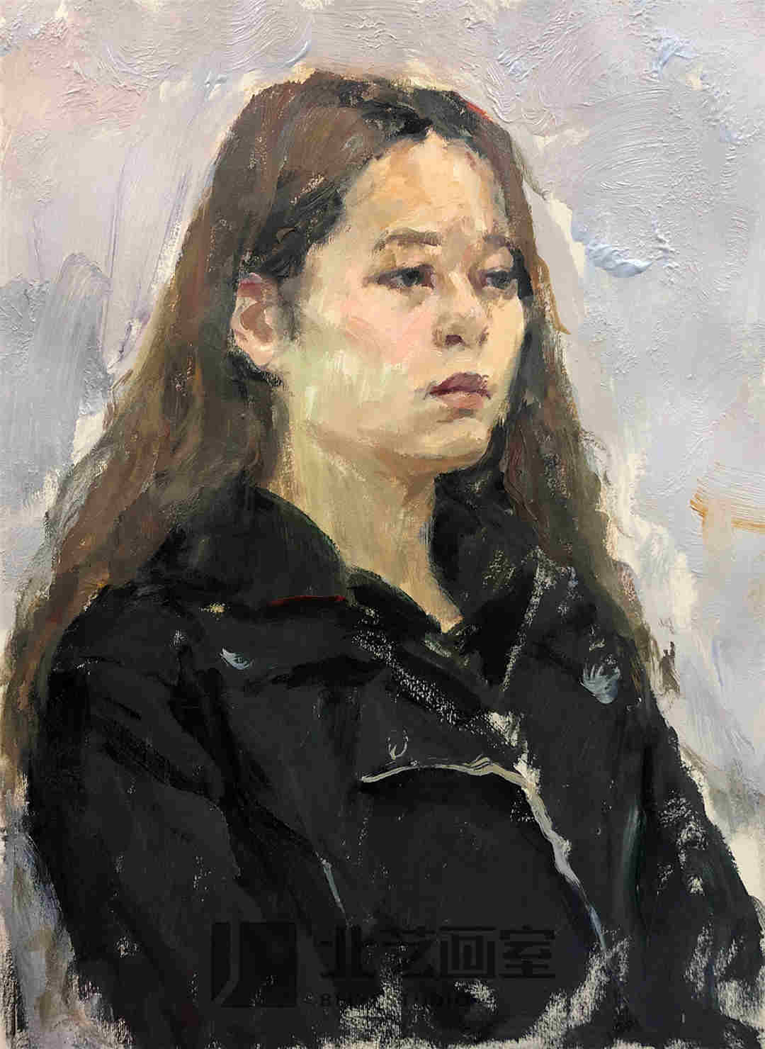 身着黑外套黄发四分之三侧面女青年色彩头像