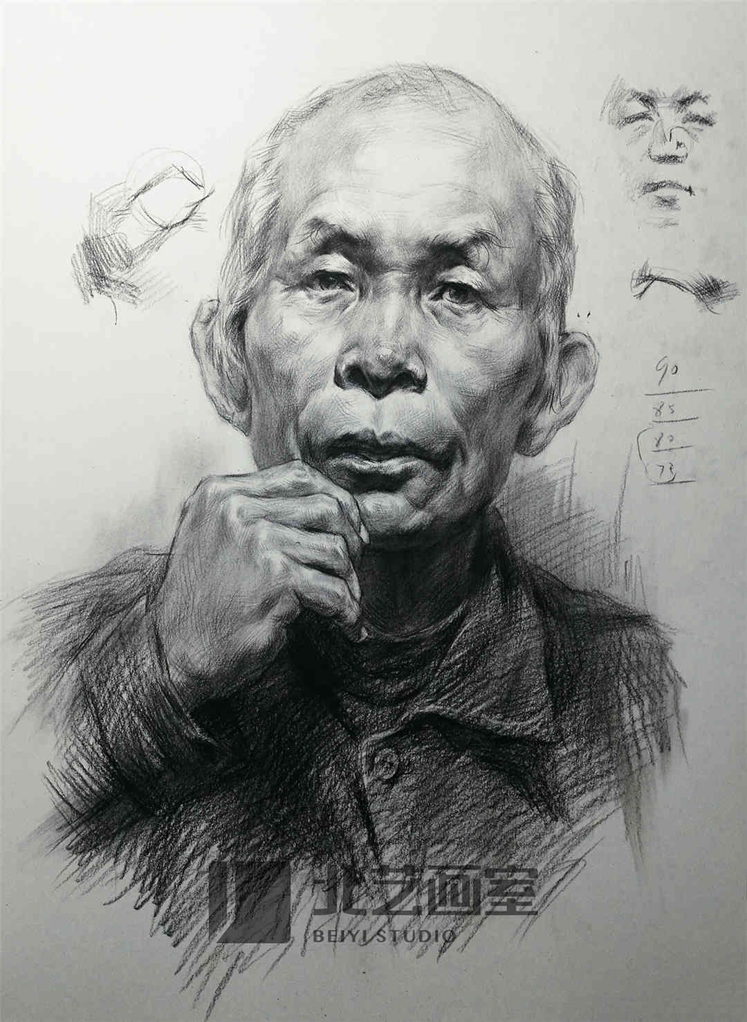 正面握拳男老年结构素描头像作品赏析
