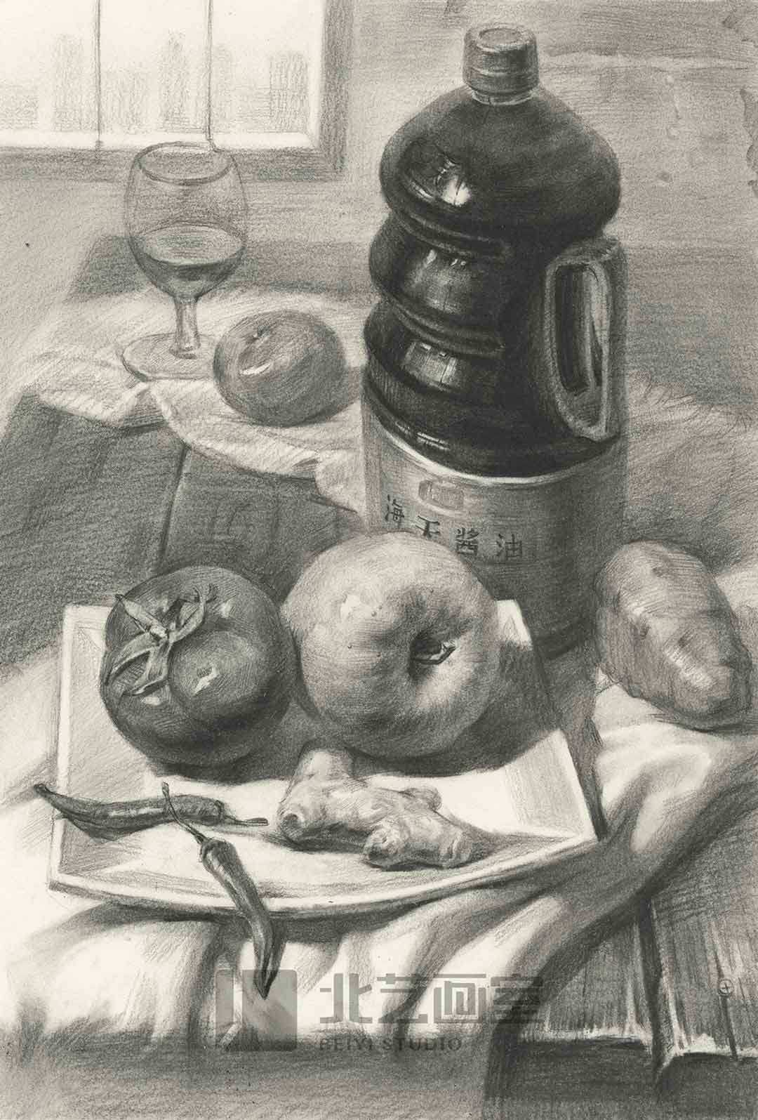 描静物组合作品赏析——海天酱油、蔬菜水果、酒杯