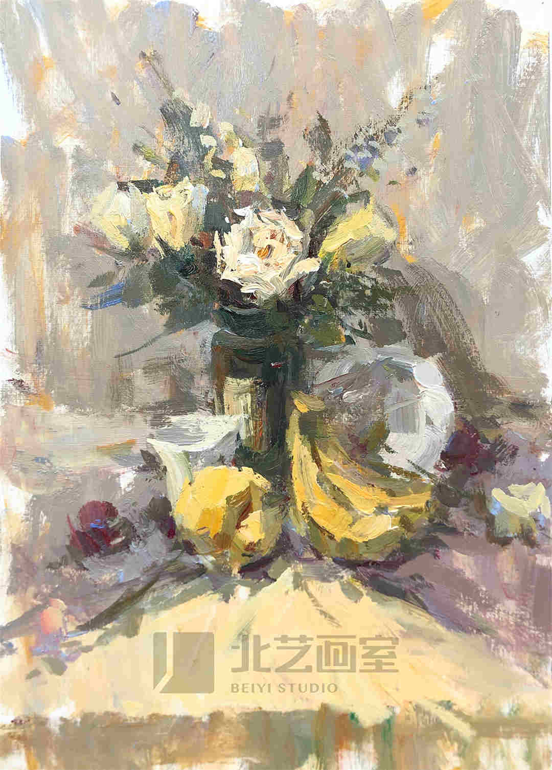 色彩静物作品赏析——水果、花瓶和花组合