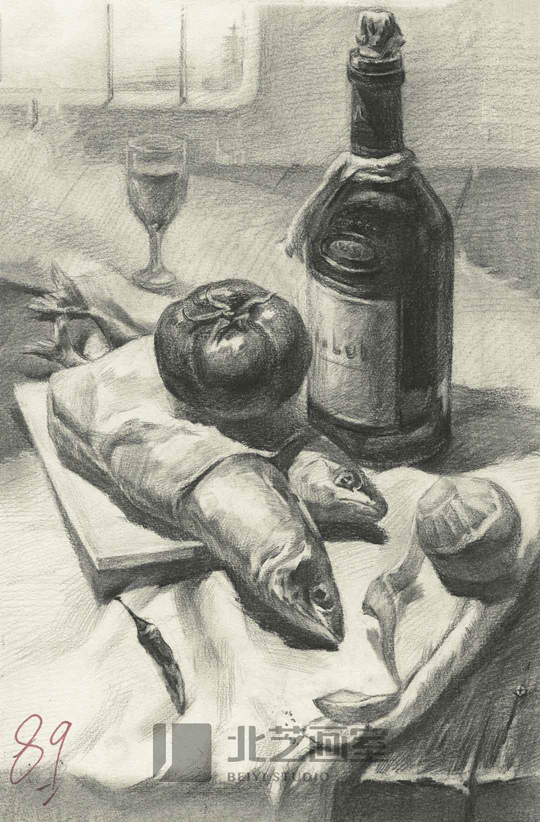 素描静物组合作品——鱼、水果、红酒、酒杯