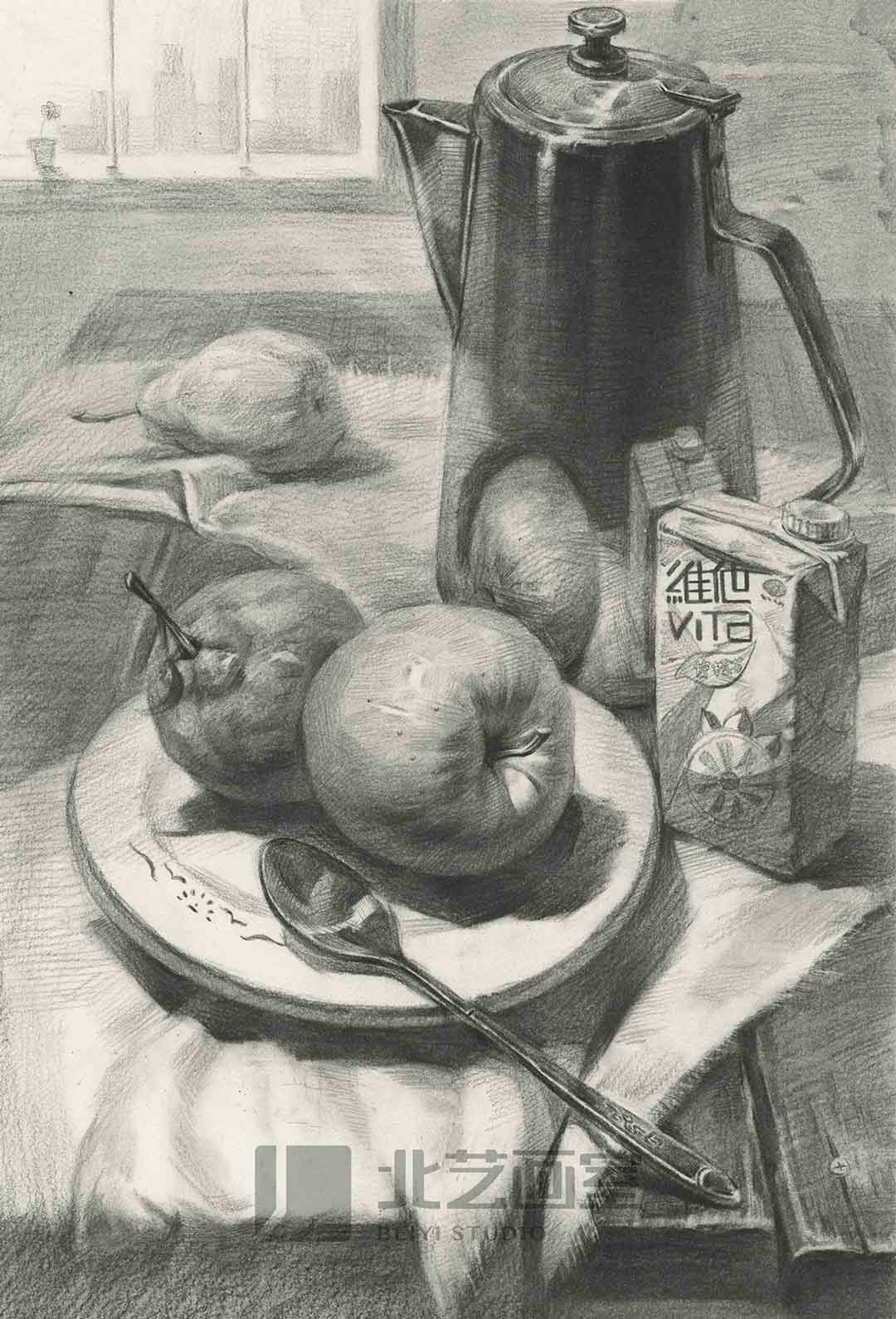 描静物组合作品赏析——石膏像、水果、陶罐