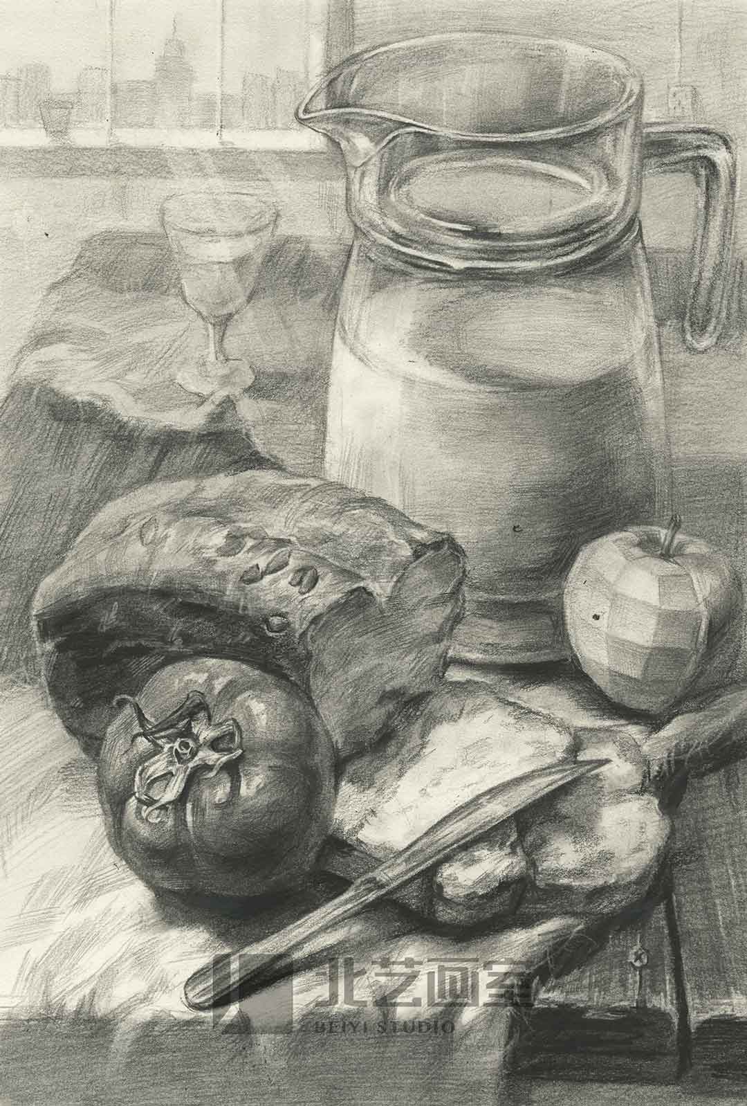 描静物组合作品赏析——牛奶、面包、刀、果蔬